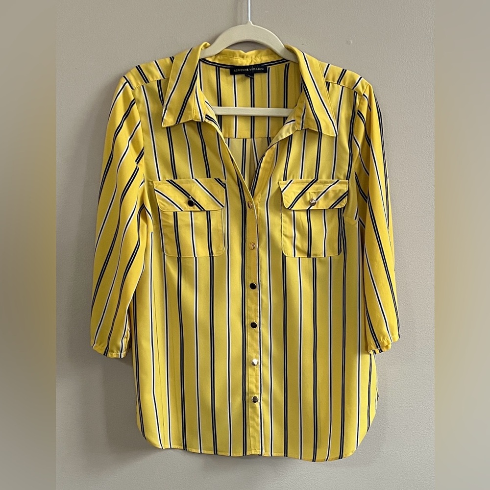 Adrienne Vittadini vertical-striped button-down blouse yellow black size large